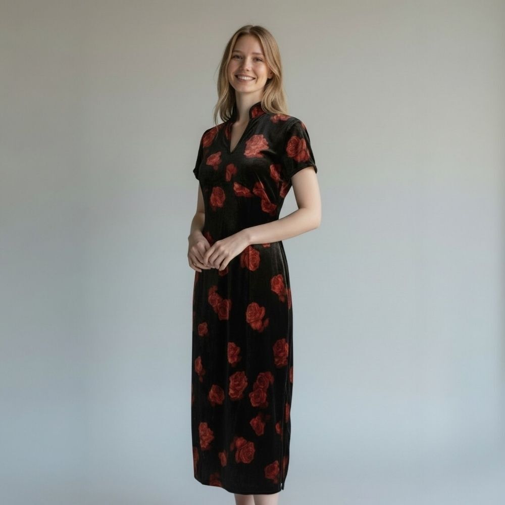 Vintage CDC Cheongsam Style Black Velvet Rose Pattern High Neck Midi Dress 12